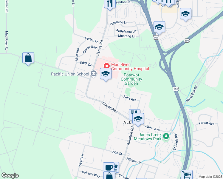 map of restaurants, bars, coffee shops, grocery stores, and more near 1875 Ribeiro Ct in Arcata