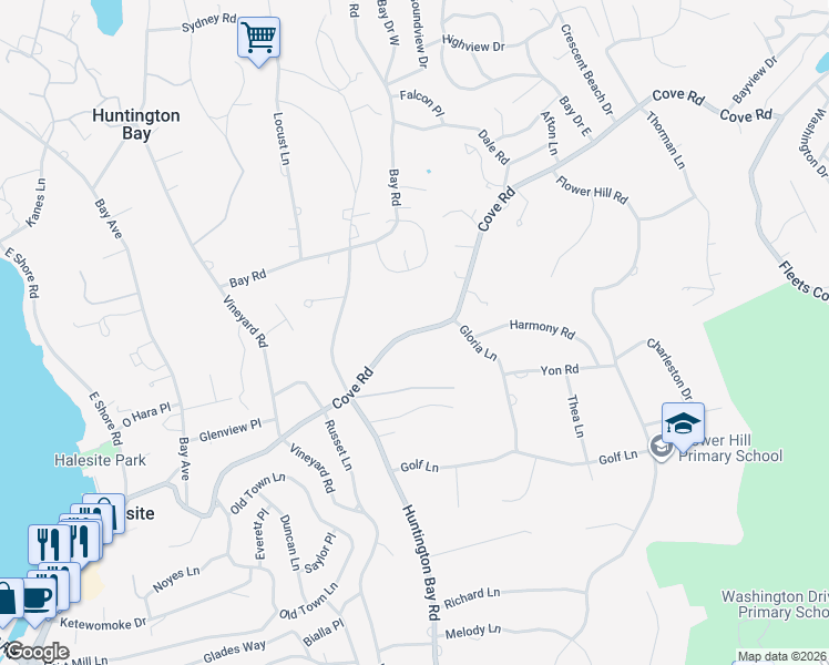 map of restaurants, bars, coffee shops, grocery stores, and more near 40 Cove Road in Huntington