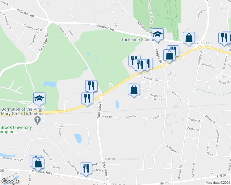 map of restaurants, bars, coffee shops, grocery stores, and more near 729 County Road 39 in Southampton