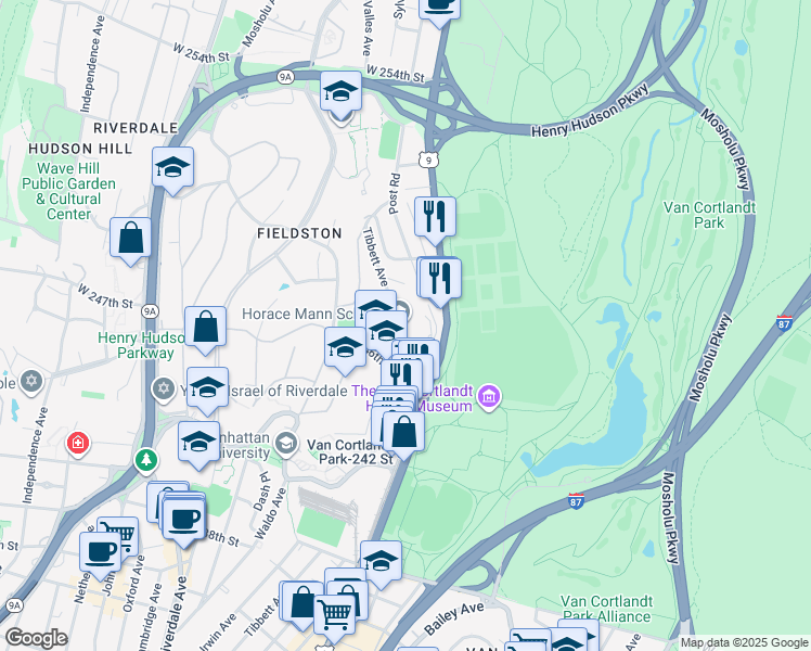 map of restaurants, bars, coffee shops, grocery stores, and more near 231 West 246th Street in Bronx