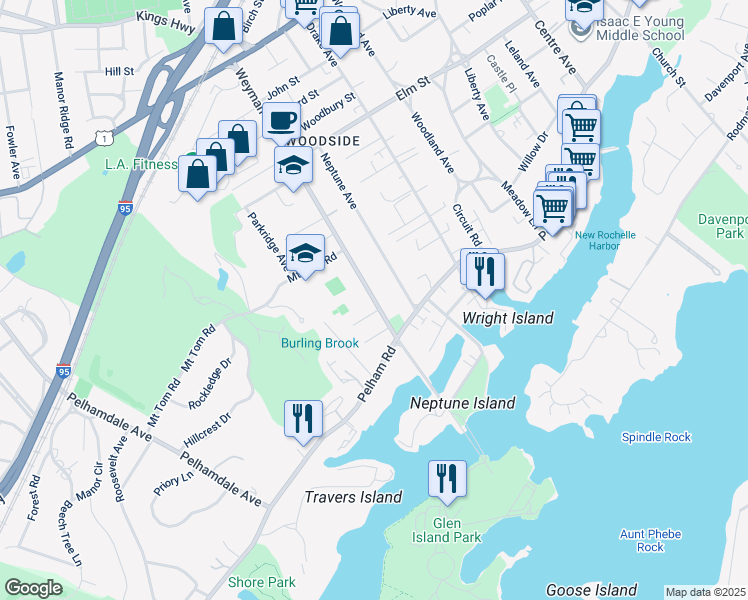 map of restaurants, bars, coffee shops, grocery stores, and more near Weyman Avenue in New Rochelle