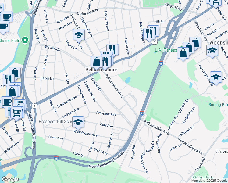 map of restaurants, bars, coffee shops, grocery stores, and more near 990 Esplanade in Pelham Manor