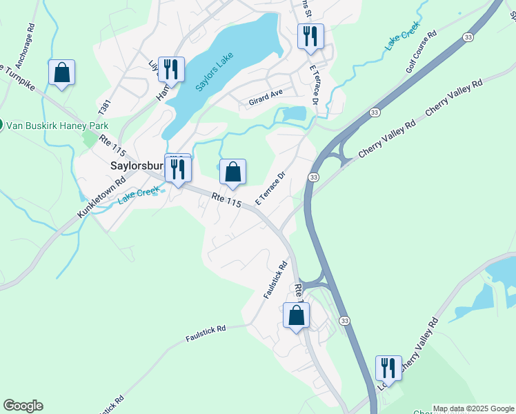 map of restaurants, bars, coffee shops, grocery stores, and more near 102 East Terrace Drive in Saylorsburg