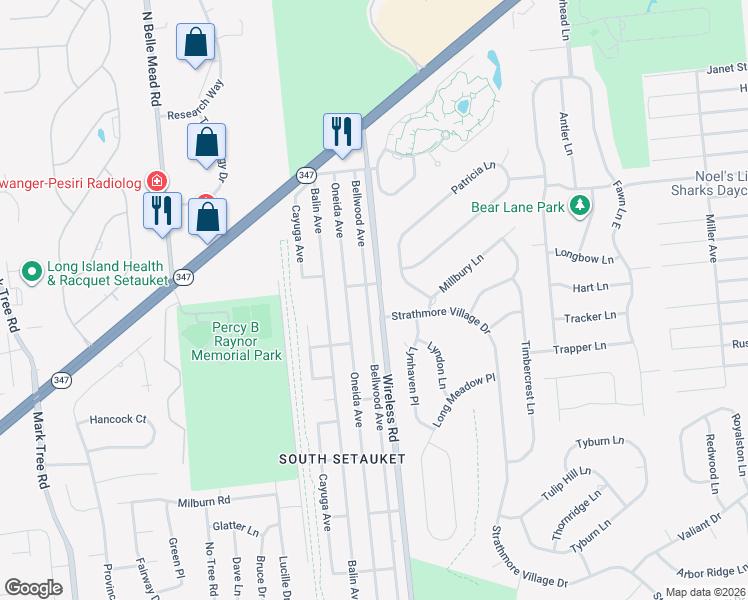 map of restaurants, bars, coffee shops, grocery stores, and more near 69 Bellwood Avenue in Centereach