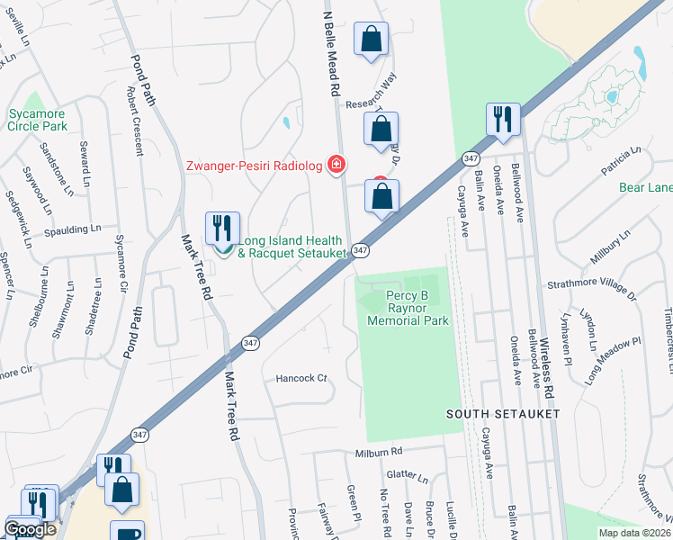 map of restaurants, bars, coffee shops, grocery stores, and more near Nesconset Highway in Centereach