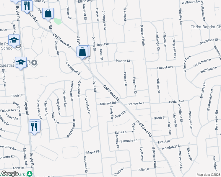 map of restaurants, bars, coffee shops, grocery stores, and more near 90 Ontario Street in Port Jefferson Station
