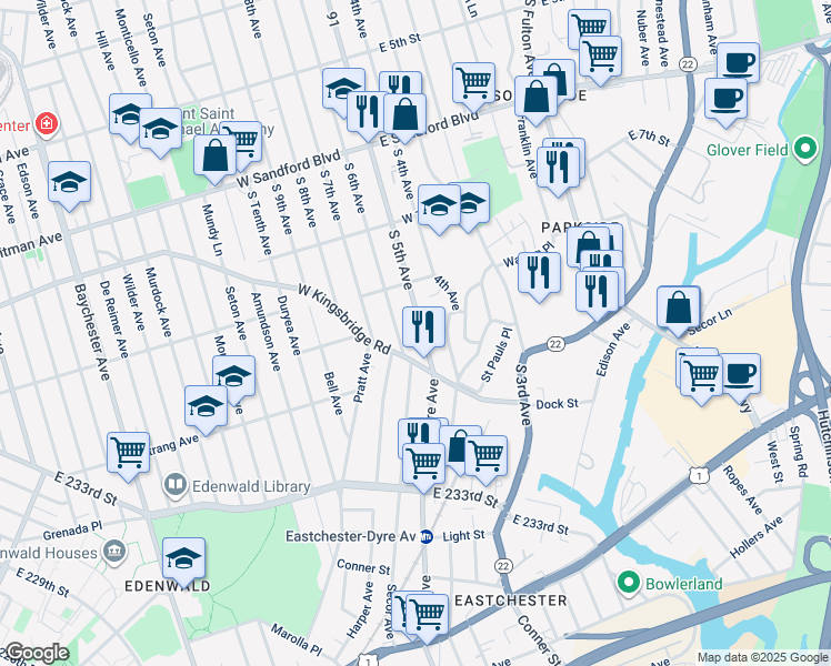 map of restaurants, bars, coffee shops, grocery stores, and more near 671 South 5th Avenue in Mount Vernon