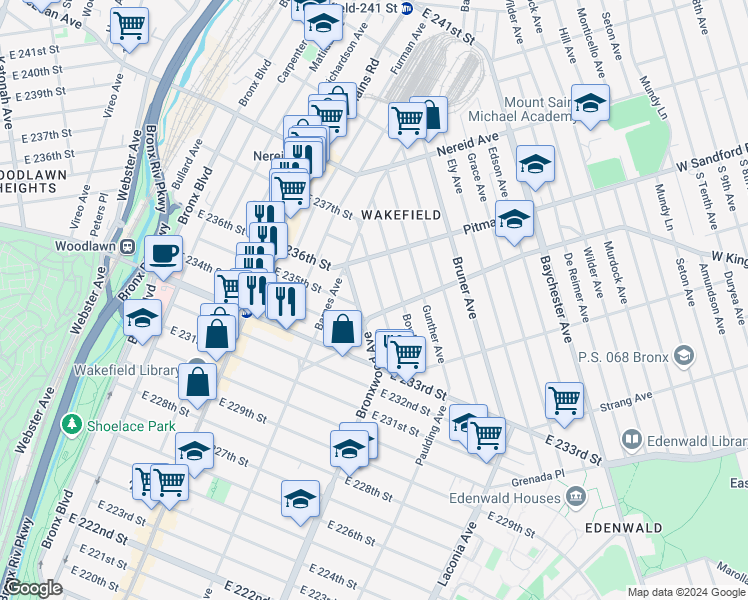 map of restaurants, bars, coffee shops, grocery stores, and more near 4244 Bronxwood Avenue in Bronx