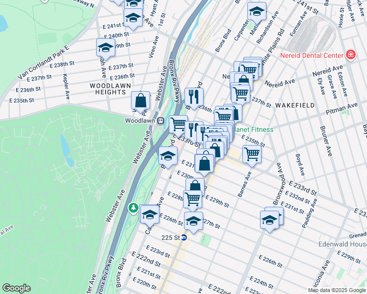 map of restaurants, bars, coffee shops, grocery stores, and more near 627 East 233rd Street in Bronx