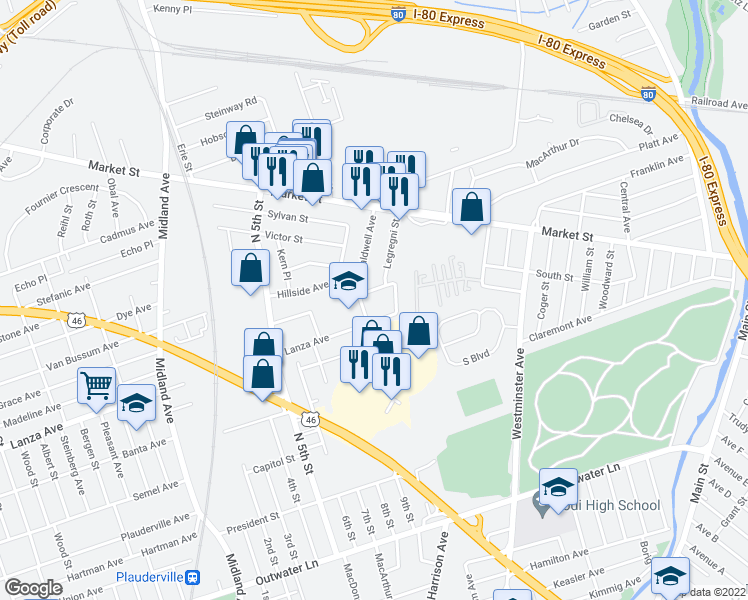 map of restaurants, bars, coffee shops, grocery stores, and more near 64 Caldwell Avenue in Saddle Brook