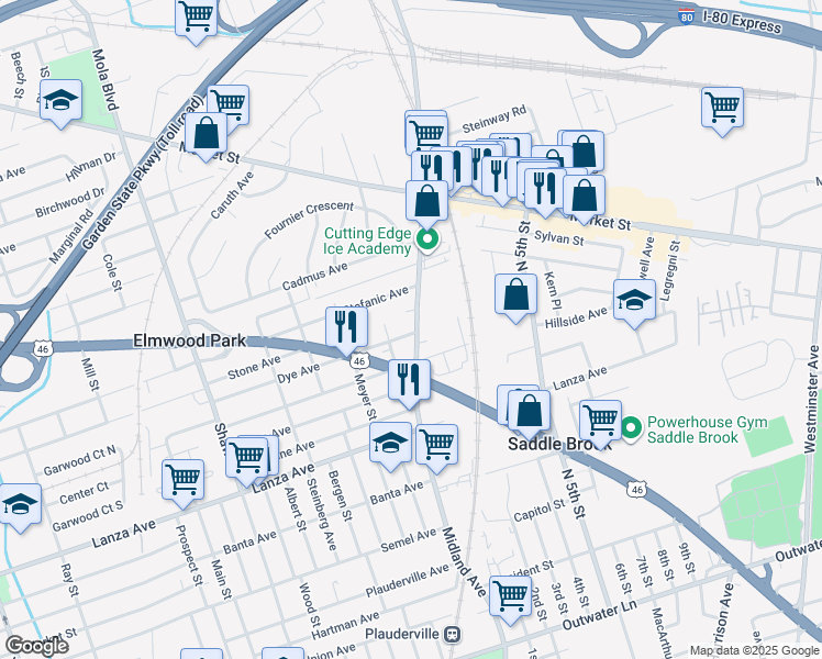 map of restaurants, bars, coffee shops, grocery stores, and more near 1 Rena Court in Elmwood Park