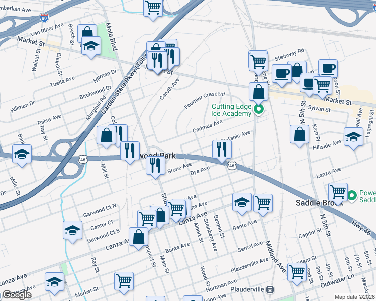 map of restaurants, bars, coffee shops, grocery stores, and more near 50 Cadmus Avenue in Elmwood Park