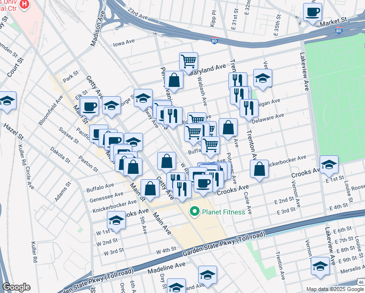 map of restaurants, bars, coffee shops, grocery stores, and more near 55 Columbia Avenue in Paterson