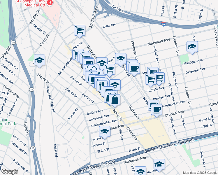 map of restaurants, bars, coffee shops, grocery stores, and more near 39 Goshen Street in Paterson
