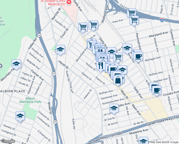 map of restaurants, bars, coffee shops, grocery stores, and more near 343 Sussex Street in Paterson