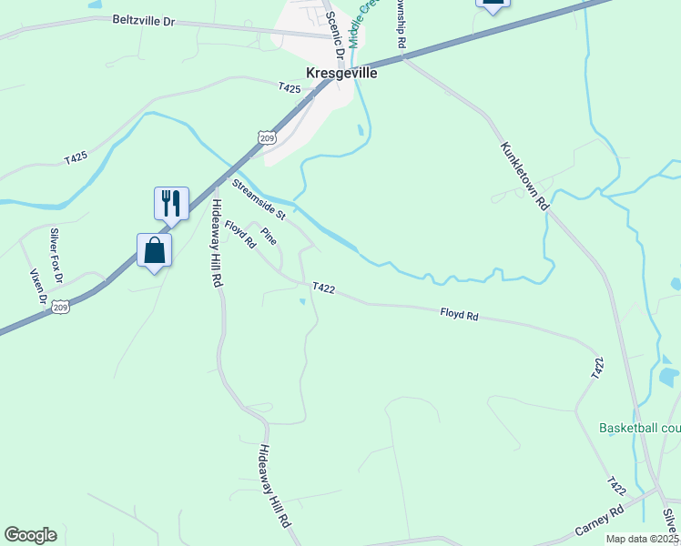 map of restaurants, bars, coffee shops, grocery stores, and more near 179 Floyd Road in Kunkletown