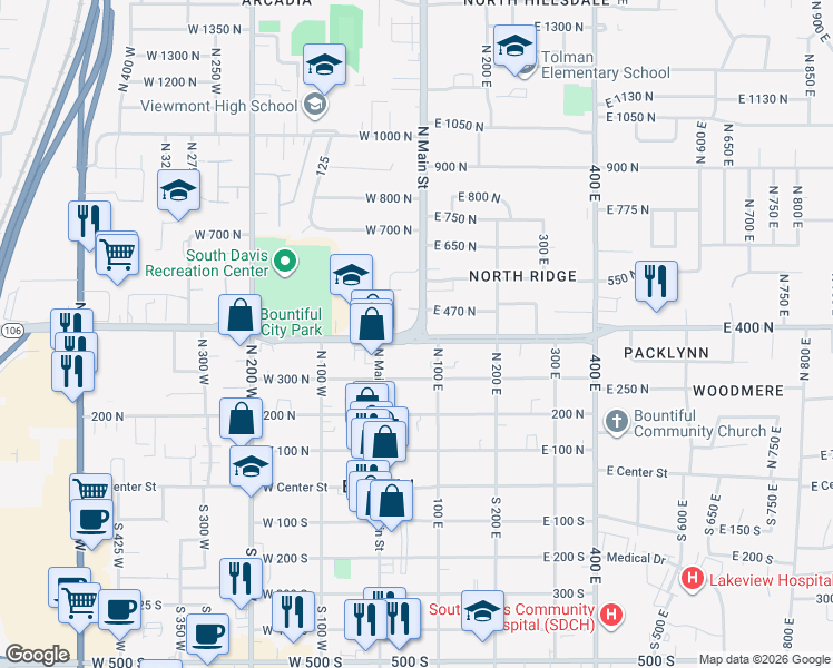 map of restaurants, bars, coffee shops, grocery stores, and more near 15 East 400 North in Bountiful