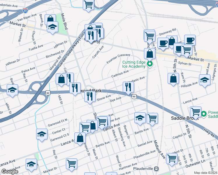 map of restaurants, bars, coffee shops, grocery stores, and more near 50 Cadmus Avenue in Elmwood Park