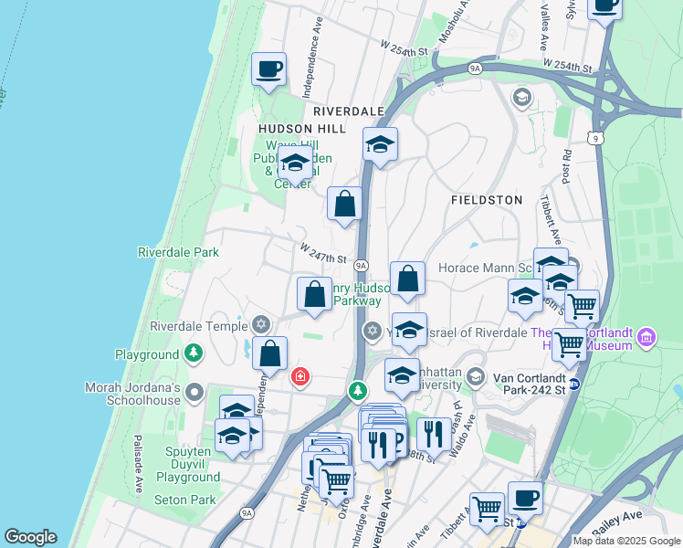 map of restaurants, bars, coffee shops, grocery stores, and more near 4601 Henry Hudson Parkway West in Bronx