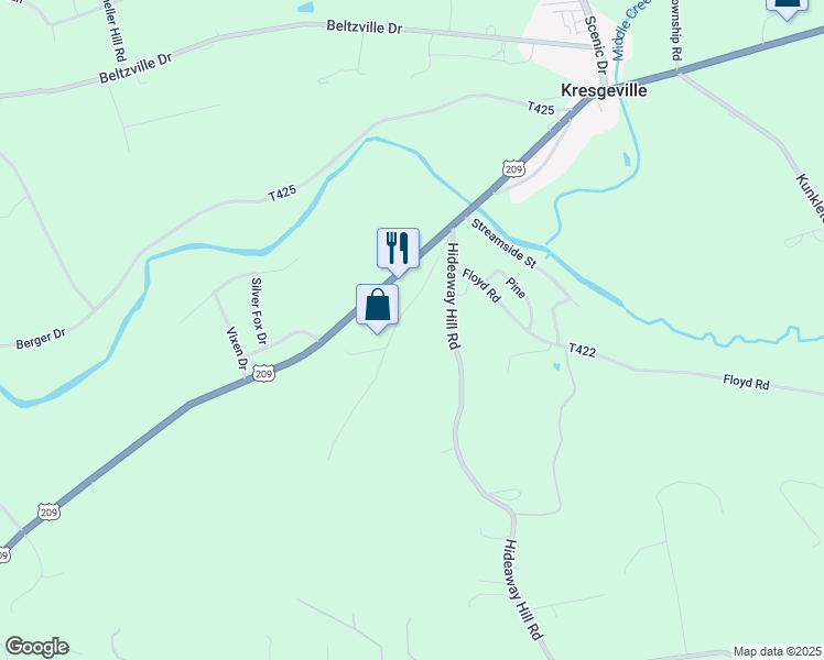map of restaurants, bars, coffee shops, grocery stores, and more near 145 Heiney Lane in Kunkletown