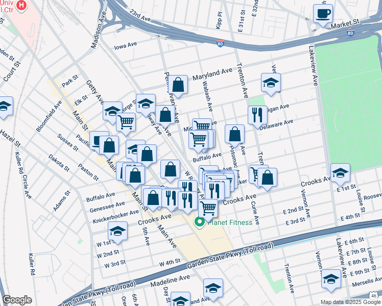 map of restaurants, bars, coffee shops, grocery stores, and more near 305-319 Pennsylvania Avenue in Paterson