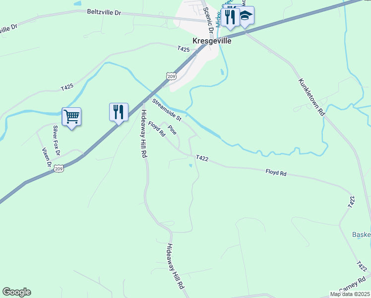 map of restaurants, bars, coffee shops, grocery stores, and more near 235 Azalea Street in Kunkletown