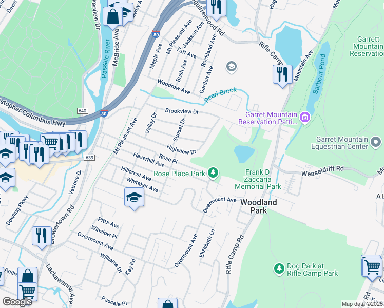 map of restaurants, bars, coffee shops, grocery stores, and more near 94 Grandview Drive in Woodland Park