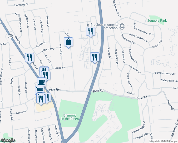 map of restaurants, bars, coffee shops, grocery stores, and more near 25 Gibbs Road in Coram