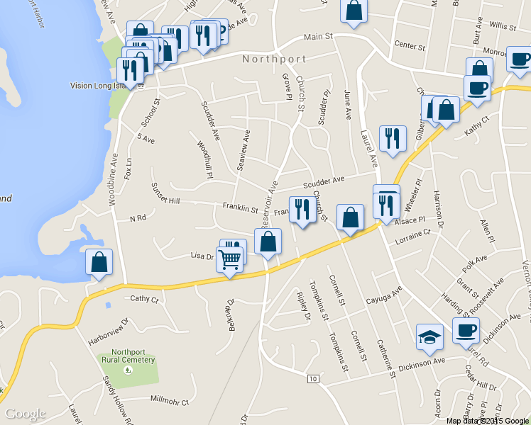 map of restaurants, bars, coffee shops, grocery stores, and more near Franklin Street in Northport
