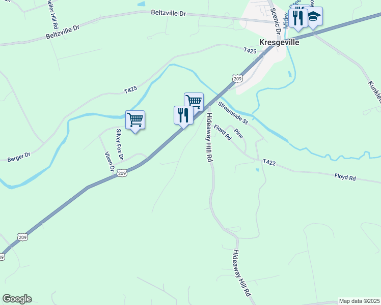 map of restaurants, bars, coffee shops, grocery stores, and more near 145 Heiney Lane in Kunkletown