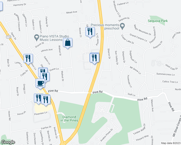 map of restaurants, bars, coffee shops, grocery stores, and more near 25 Gibbs Road in Coram