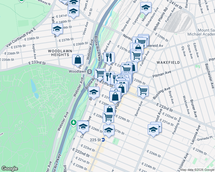 map of restaurants, bars, coffee shops, grocery stores, and more near 627 East 233rd Street in Bronx