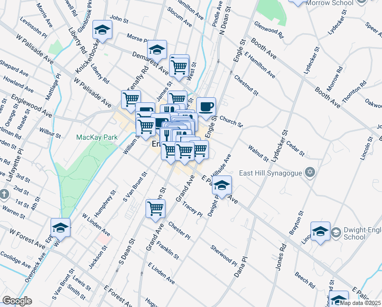 map of restaurants, bars, coffee shops, grocery stores, and more near 26 North Dean Street in Englewood
