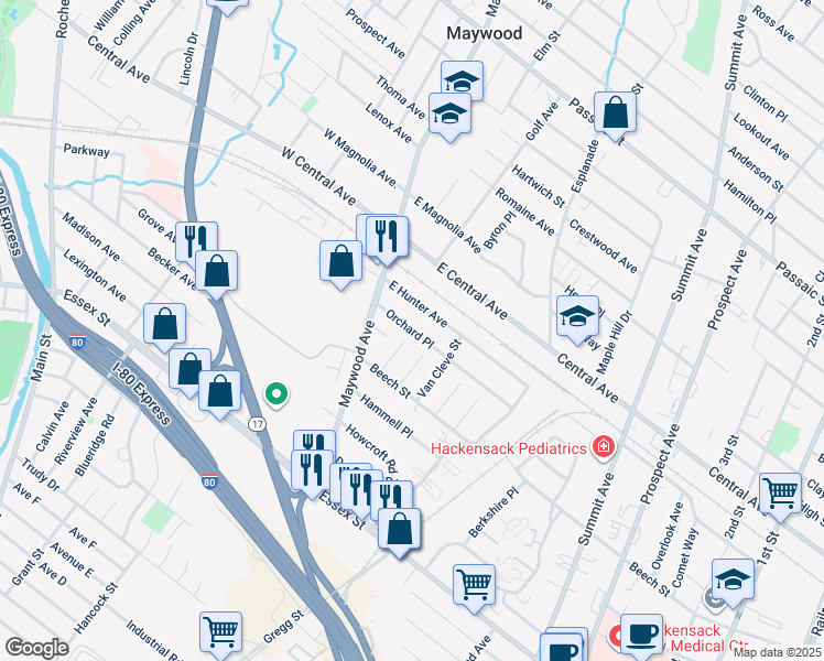 map of restaurants, bars, coffee shops, grocery stores, and more near 65 East Hunter Avenue in Maywood