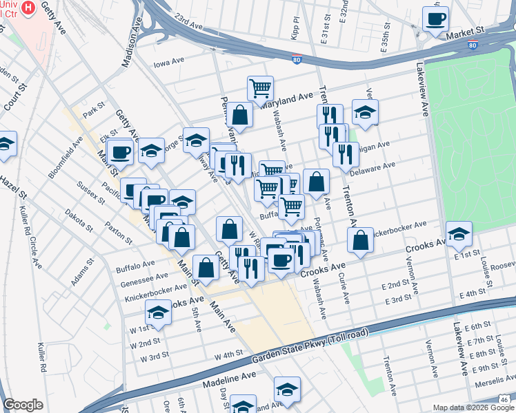 map of restaurants, bars, coffee shops, grocery stores, and more near 55 Columbia Avenue in Paterson
