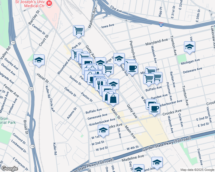 map of restaurants, bars, coffee shops, grocery stores, and more near 39 Goshen Street in Paterson