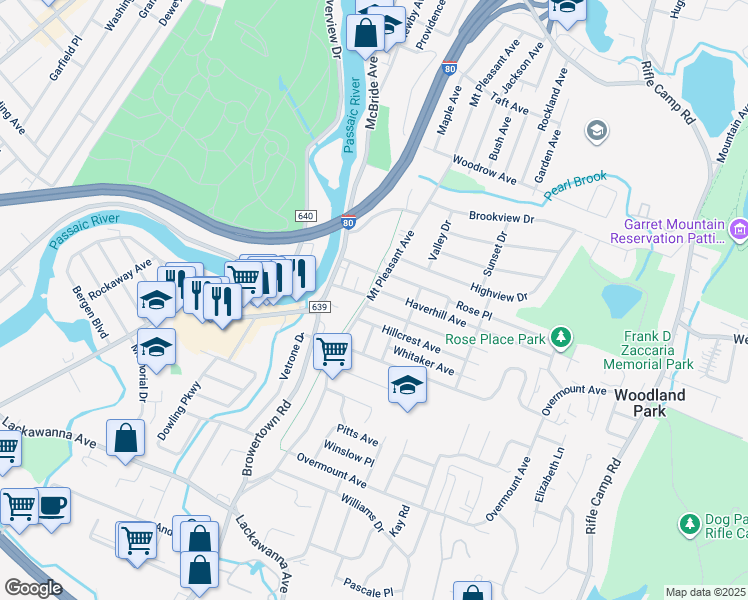 map of restaurants, bars, coffee shops, grocery stores, and more near 259 Mount Pleasant Avenue in Woodland Park