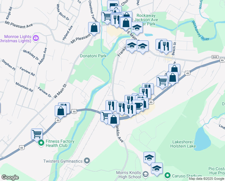 map of restaurants, bars, coffee shops, grocery stores, and more near 205 Franklin Avenue in Rockaway