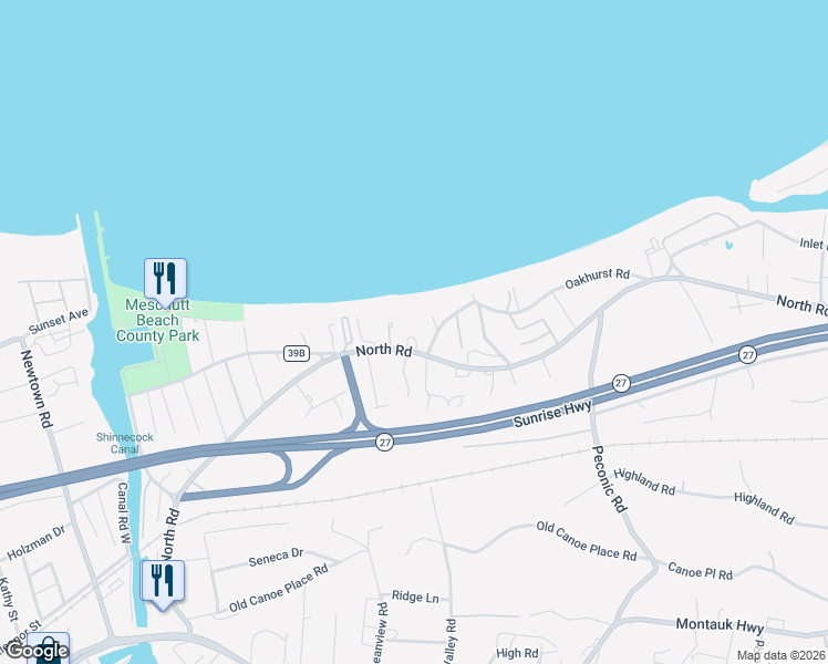 map of restaurants, bars, coffee shops, grocery stores, and more near 67 North Road in Hampton Bays