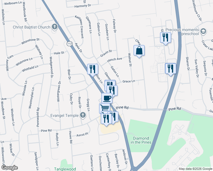 map of restaurants, bars, coffee shops, grocery stores, and more near 14 Glenmere Lane in Coram