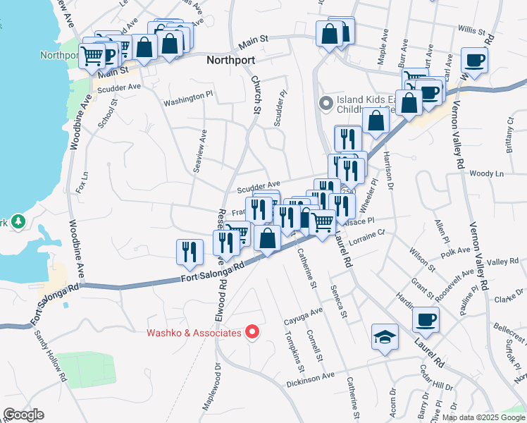 map of restaurants, bars, coffee shops, grocery stores, and more near 110 Franklin Street in Northport