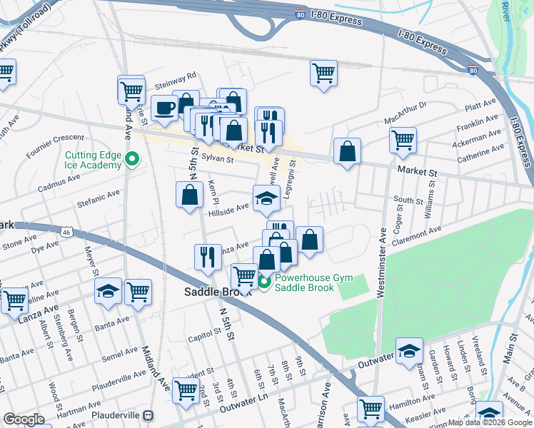 map of restaurants, bars, coffee shops, grocery stores, and more near 79 Caldwell Avenue in Saddle Brook
