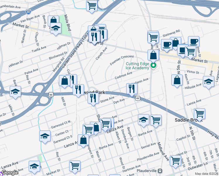 map of restaurants, bars, coffee shops, grocery stores, and more near 50 Cadmus Avenue in Elmwood Park