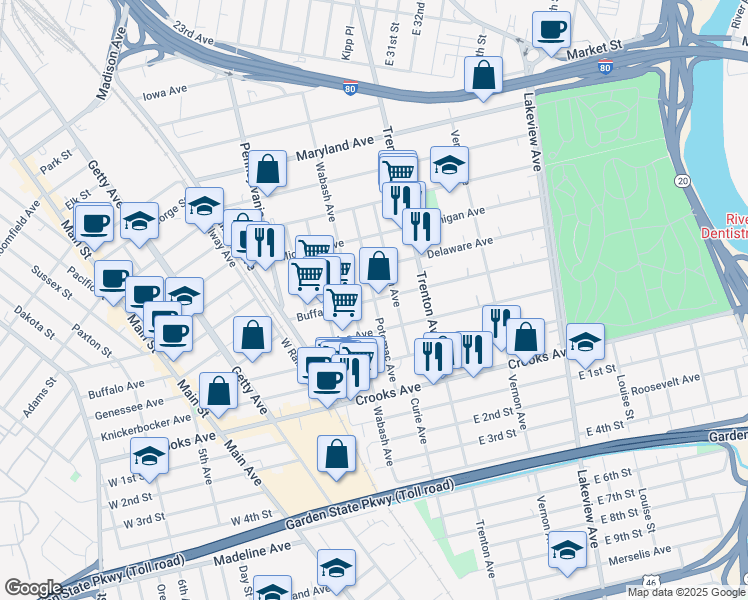 map of restaurants, bars, coffee shops, grocery stores, and more near Buffalo Avenue & Potomac Avenue in Paterson