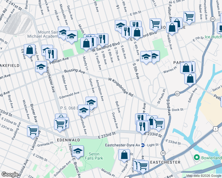 map of restaurants, bars, coffee shops, grocery stores, and more near 12 Bell Avenue in Mount Vernon