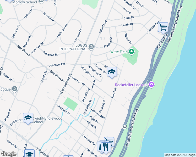 map of restaurants, bars, coffee shops, grocery stores, and more near 34 South Virginia Court in Englewood Cliffs