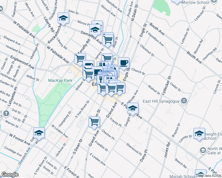 map of restaurants, bars, coffee shops, grocery stores, and more near 26 North Dean Street in Englewood
