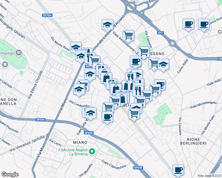 map of restaurants, bars, coffee shops, grocery stores, and more near 23 Via Duca degli Abruzzi in Naples