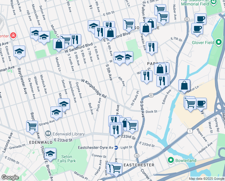 map of restaurants, bars, coffee shops, grocery stores, and more near 671 South 5th Avenue in Mount Vernon