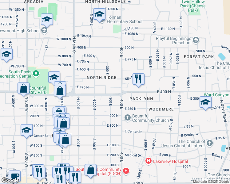 map of restaurants, bars, coffee shops, grocery stores, and more near 481 North 400 East in Bountiful